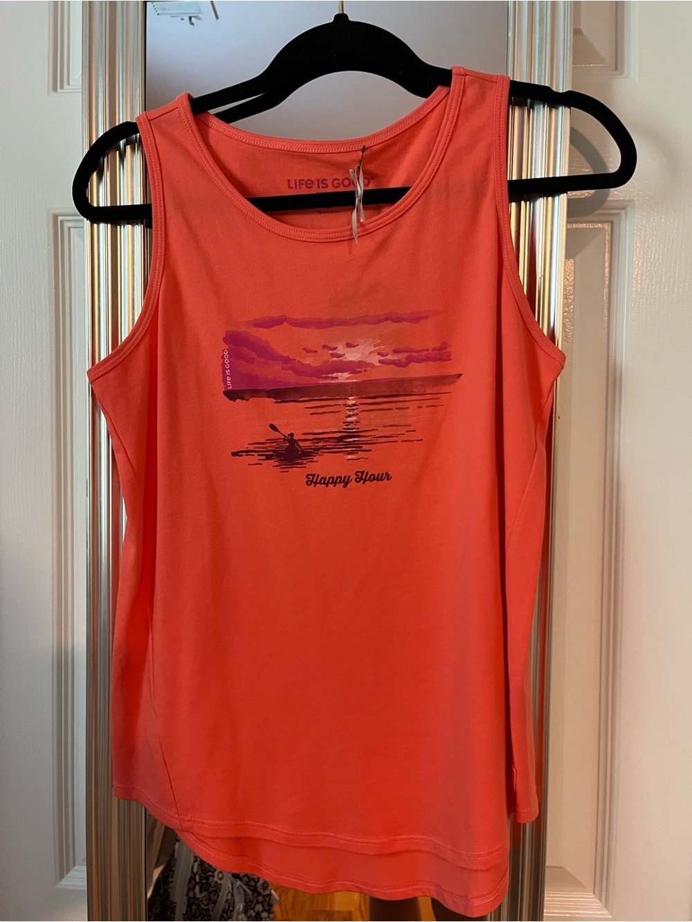 Life Is Good Coral Tank Top with Sunset Kayak Graphic